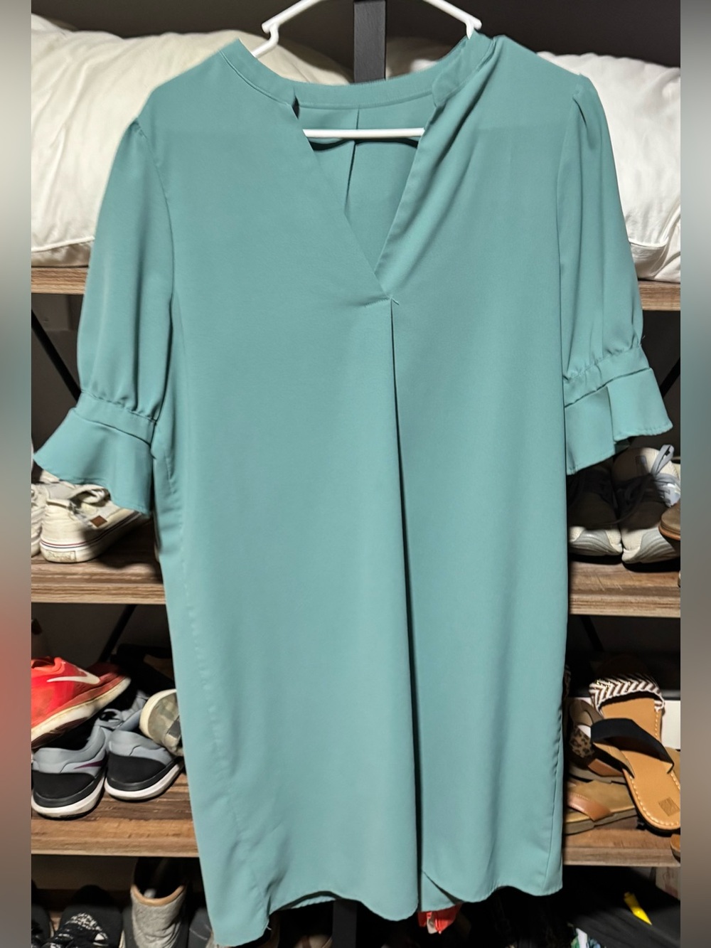 SHEIN Mint Green V-Neck Midi Dress with Ruffle Sleeves